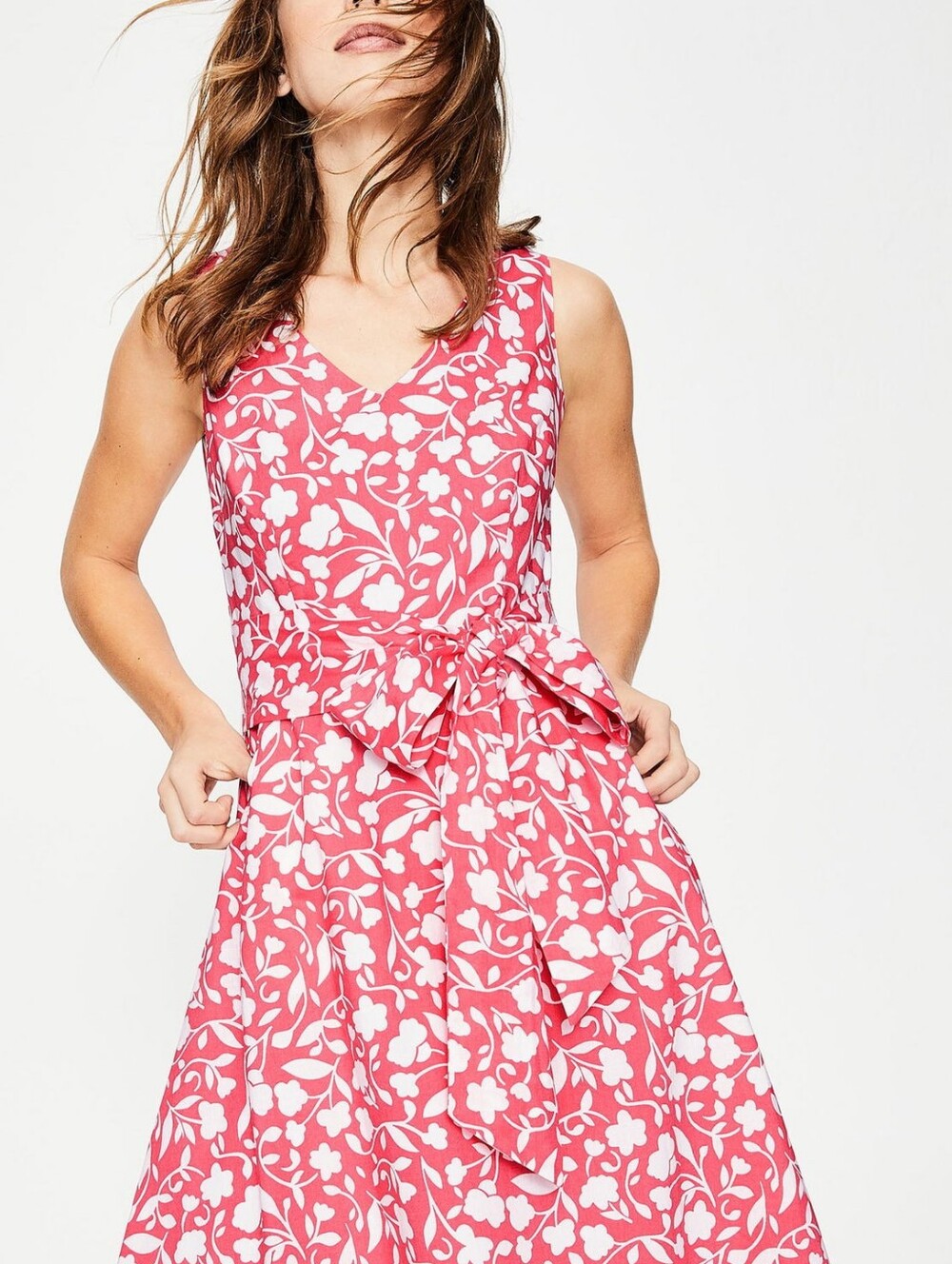 Boden Red & Pink Floral V-Neck Tie-Waist Midi Dress..Size:8R